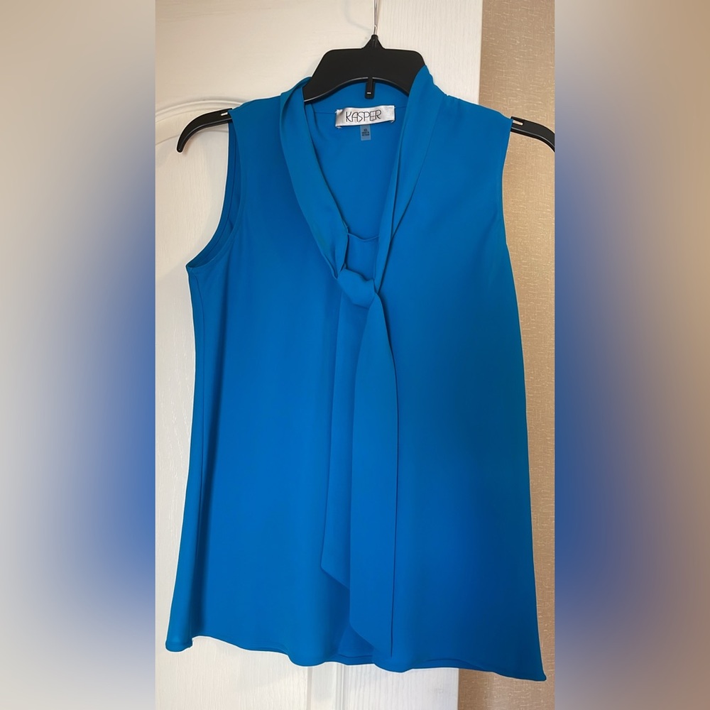 Kasper Blue Sleeveless Tie Front Blouse NWOT
